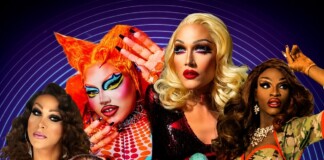 Group of drag queens posing in vibrant outfits against a blue circular-patterned backdrop.