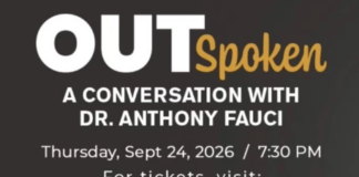Poster for OUTSpoken: A conversation with Dr. Anthony Fauci — Thu Sep 24, 2026, 7:30 PM; tickets at HarmonyWaves.org; Live @ Gray Box Theater, 1444 NE 26th St, Wilton Manors, FL 33305; sponsor logos at bottom.
