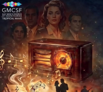 American Songbook Concert in Fort Lauderdale, May 9 Promotional poster for the Gay Men's Chorus of South Florida Tropical Wave, featuring a vintage radio, open sheet music, a dancing couple, and silhouetted musicians.