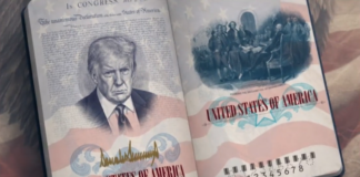 Open book with a drawn portrait of a man in a suit on the left page and patriotic US imagery on both pages, including 'United States of America' text and a decorative flag motif