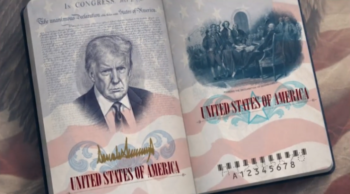 Trump To Be Featured on Limited ‘America250’ Passports as U.S. Marks 250th Anniversary Open book with a drawn portrait of a man in a suit on the left page and patriotic US imagery on both pages, including 'United States of America' text and a decorative flag motif