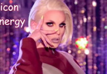 Person with platinum blonde hair posing against a purple background, making a hand gesture near the eyes, with the words "icon energy" in the upper left.