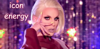 Person with platinum blonde hair posing against a purple background, making a hand gesture near the eyes, with the words "icon energy" in the upper left.