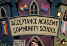 Colorful school entrance labeled 'Acceptance Academy Community School' with rainbow flags; a student stands at the doorway holding signs for All-Gender Restrooms, Pride Club, and GSA Club.