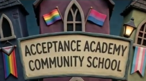 Colorful school entrance labeled 'Acceptance Academy Community School' with rainbow flags; a student stands at the doorway holding signs for All-Gender Restrooms, Pride Club, and GSA Club.