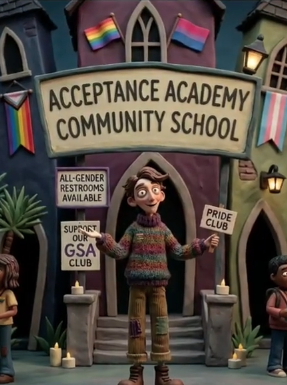 Colorful school entrance labeled 'Acceptance Academy Community School' with rainbow flags; a student stands at the doorway holding signs for All-Gender Restrooms, Pride Club, and GSA Club.