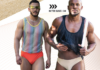Two muscular men in retro mesh tops and briefs pose for a Butter Black ad, walking toward the camera with confident stances.