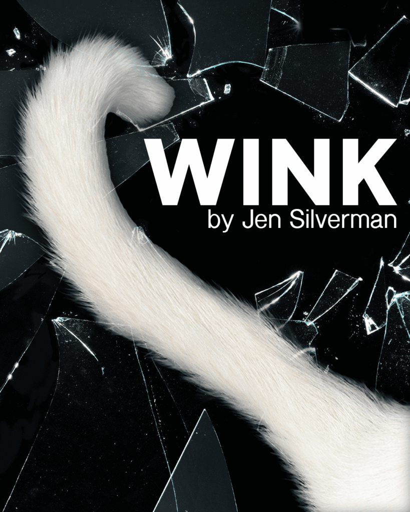 Cover image for WINK by Jen Silverman featuring a white feline tail curving across shattered glass, with the bold title text nearby