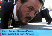 Pastor lying on pavement during arrest, wearing a cross necklace, with bold title text about a queer-friendly Chicago pastor turning arrest into faith activism (video thumbnail).