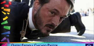 Pastor lying on pavement during arrest, wearing a cross necklace, with bold title text about a queer-friendly Chicago pastor turning arrest into faith activism (video thumbnail).