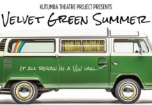 Poster for Kutumba Theatre Project showing a green VW van with rainbow window stripe and text 'It all began in a VW van...'