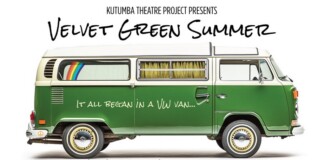 Poster for Kutumba Theatre Project showing a green VW van with rainbow window stripe and text 'It all began in a VW van...'