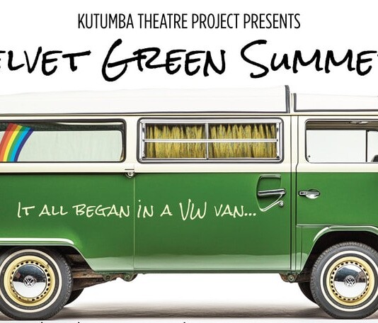 Poster for Kutumba Theatre Project showing a green VW van with rainbow window stripe and text 'It all began in a VW van...'