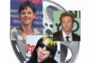 Collage of three celebrity portraits on a film-reel background: woman left, man top-right, and person with neon-green hair bottom center.