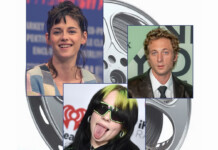 Collage of three celebrity portraits on a film-reel background: woman left, man top-right, and person with neon-green hair bottom center.