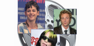 Collage of three celebrity portraits on a film-reel background: woman left, man top-right, and person with neon-green hair bottom center.
