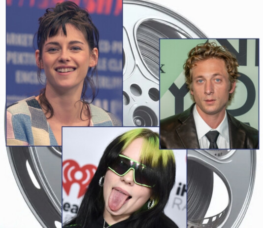 Deep Inside Hollywood: Billie Eilish’s Dramatic Debut, Kristen Stewart’s Space Race, and Major Queer Casting Shakeups Collage of three celebrity portraits on a film-reel background: woman left, man top-right, and person with neon-green hair bottom center.