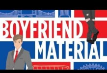 Colorful banner reading 'Boyfriend Material' with two illustrated men in suits against a red-blue background.