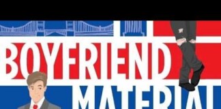 Colorful banner reading 'Boyfriend Material' with two illustrated men in suits against a red-blue background.