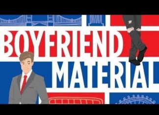 Colorful banner reading 'Boyfriend Material' with two illustrated men in suits against a red-blue background.