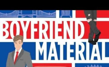 Colorful banner reading 'Boyfriend Material' with two illustrated men in suits against a red-blue background.