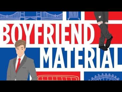 Colorful banner reading 'Boyfriend Material' with two illustrated men in suits against a red-blue background.