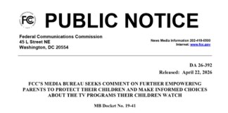 FCC public notice header: 'Public Notice' from the Federal Communications Commission, with the title about empowering parents and children’s TV program choices, released April 22, 2026.