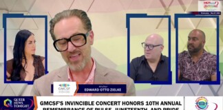 News broadcast: host Edward Otto Zielke in front with two guests in blue inset frames on either side; lower ticker about GMCSF's Invincible Concert.