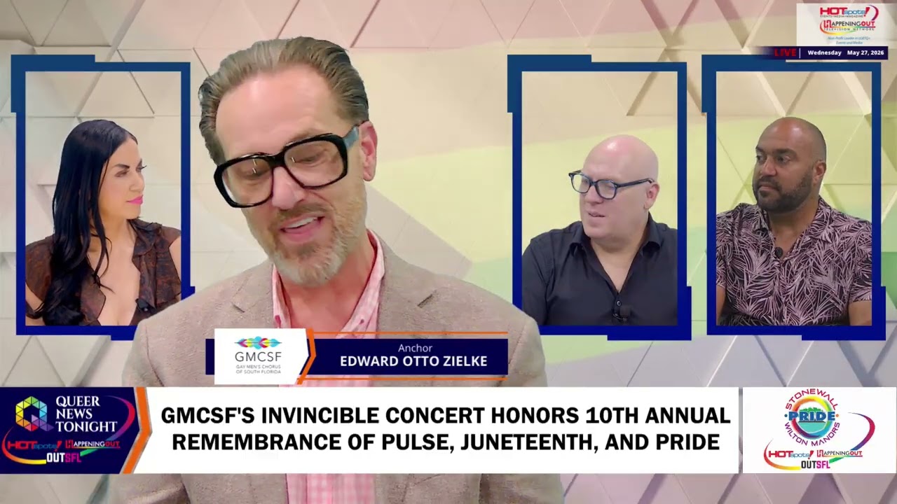 News broadcast: host Edward Otto Zielke in front with two guests in blue inset frames on either side; lower ticker about GMCSF's Invincible Concert.
