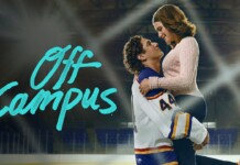 Promo banner: a man lifts a woman on an ice rink beneath bright lights, with turquoise 'Off Campus' text on the left.