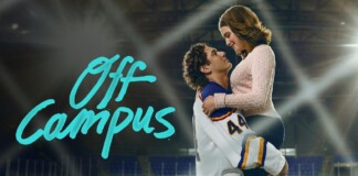 Promo banner: a man lifts a woman on an ice rink beneath bright lights, with turquoise 'Off Campus' text on the left.