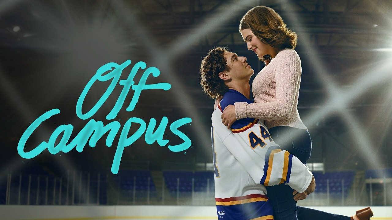 Off Campus Star Confirms Full-Frontal Locker Room Scene Used Real Nude Actors Promo banner: a man lifts a woman on an ice rink beneath bright lights, with turquoise 'Off Campus' text on the left.