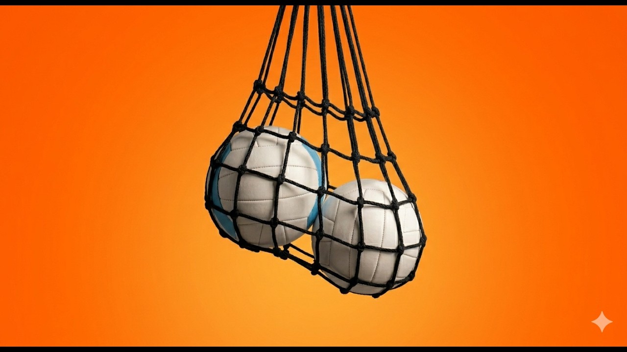 Men Risk Health With Viral ‘Ballmaxxing’ Trend, Doctors Warn Two white volleyballs in a black mesh bag hanging against an orange gradient background.