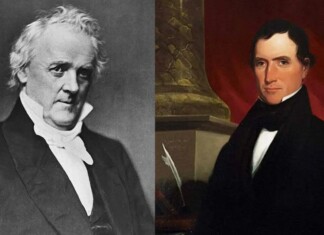 Two historical men in formal 19th‑century attire, split portrait: left in grayscale, right in color.