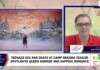 Split-screen TV news broadcast: left panel shows a snowy forest image with the title 'Teenage Sex and Death at Camp Miasma'; right panel features a male anchor in glasses labeled 'Anchor Alex Morash'.