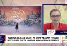 Teenage Sex and Death at Camp Miasma Trailer Spotlights Queer Horror and Sapphic Romance Split-screen TV news broadcast: left panel shows a snowy forest image with the title 'Teenage Sex and Death at Camp Miasma'; right panel features a male anchor in glasses labeled 'Anchor Alex Morash'.