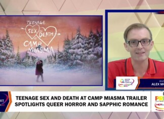 Split-screen TV news broadcast: left panel shows a snowy forest image with the title 'Teenage Sex and Death at Camp Miasma'; right panel features a male anchor in glasses labeled 'Anchor Alex Morash'.