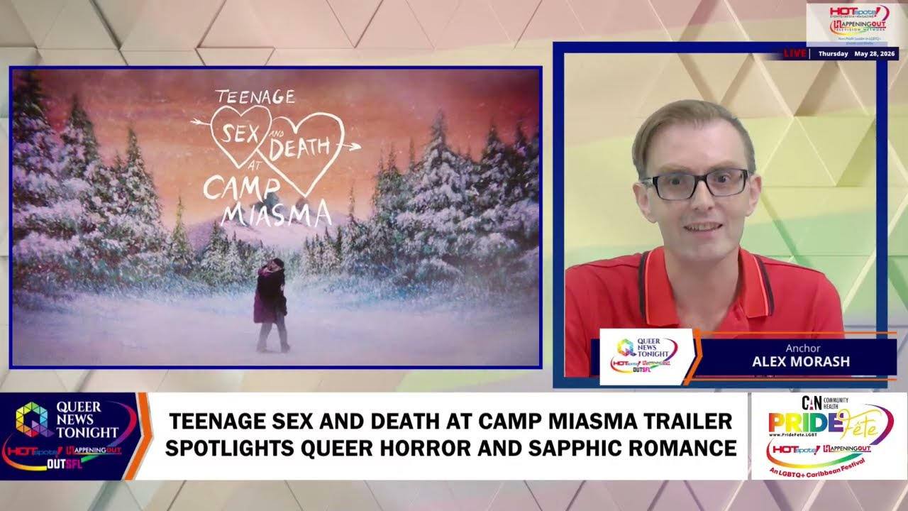 Teenage Sex and Death at Camp Miasma Trailer Spotlights Queer Horror and Sapphic Romance Split-screen TV news broadcast: left panel shows a snowy forest image with the title 'Teenage Sex and Death at Camp Miasma'; right panel features a male anchor in glasses labeled 'Anchor Alex Morash'.