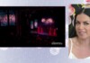 Split-screen: a dimly lit theater stage with red vertical lights and audience on the left; a smiling woman with dark hair in a white top on the right.
