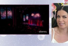 Split-screen: a dimly lit theater stage with red vertical lights and audience on the left; a smiling woman with dark hair in a white top on the right.