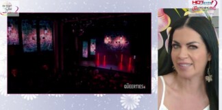 Split-screen: a dimly lit theater stage with red vertical lights and audience on the left; a smiling woman with dark hair in a white top on the right.