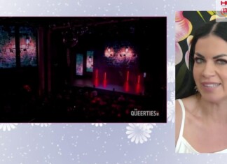Split-screen: a dimly lit theater stage with red vertical lights and audience on the left; a smiling woman with dark hair in a white top on the right.