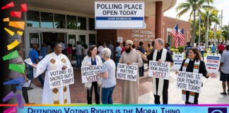Diverse group of people outside a polling place holding signs encouraging voting and democracy.