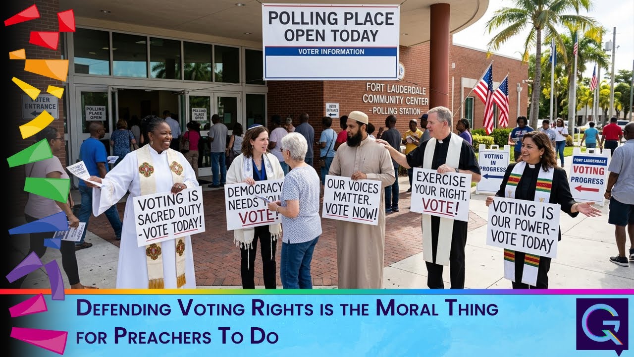 Diverse group of people outside a polling place holding signs encouraging voting and democracy.