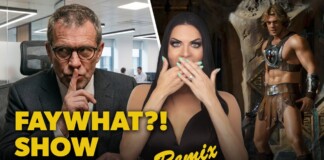 Video thumbnail: man in an office shushing, a shocked woman in the center, and a muscular fantasy warrior on the right; bold yellow 'FAY WHAT?! SHOW Remix' text visible.