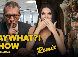 The FayWhat?! Show for the week of May 5, 2026 | FayWhat?! Video thumbnail: man in an office shushing, a shocked woman in the center, and a muscular fantasy warrior on the right; bold yellow 'FAY WHAT?! SHOW Remix' text visible.