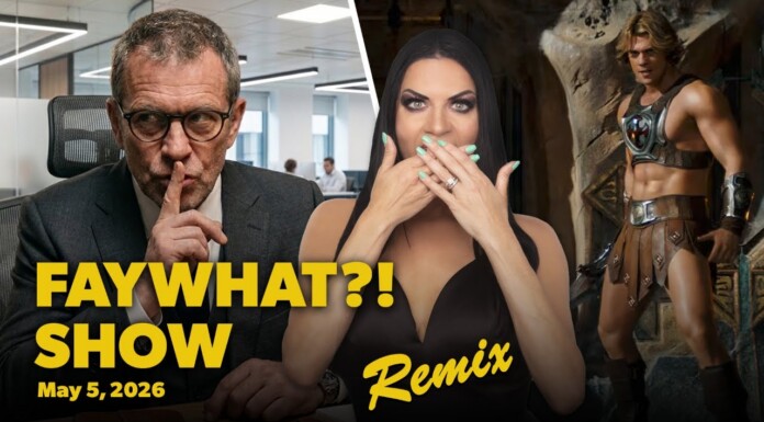 Video thumbnail: man in an office shushing, a shocked woman in the center, and a muscular fantasy warrior on the right; bold yellow 'FAY WHAT?! SHOW Remix' text visible.