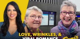 Thumbnail: woman in blue on left beside two smiling seniors outdoors, bold yellow and white text 'LOVE, WRINKLES, & VIRAL ROMANCE Remix'
