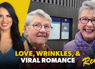 REMIX: Love, Wrinkles, And Viral Romance Thumbnail: woman in blue on left beside two smiling seniors outdoors, bold yellow and white text 'LOVE, WRINKLES, & VIRAL ROMANCE Remix'