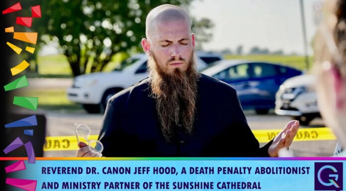 Bearded man in black speaks with eyes closed outdoors; yellow caution tape and parked cars in the background, colorful confetti shapes on the left, banner text at bottom reads about a death-penalty abolitionist ministerial partner.